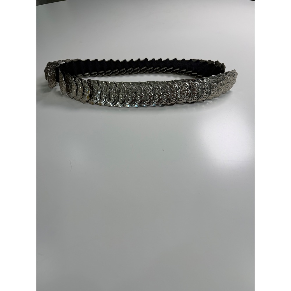 Vintage Style Silver Tone Metal Scale Stretch Belt Ornate Embossed Elastic Waist